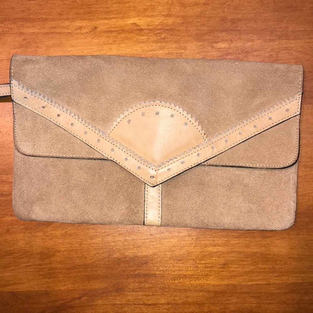 VINTAGE BERMAN’S Clutch Wristlet Purse Camel Suede Leather Detail EUC Snap ☀️